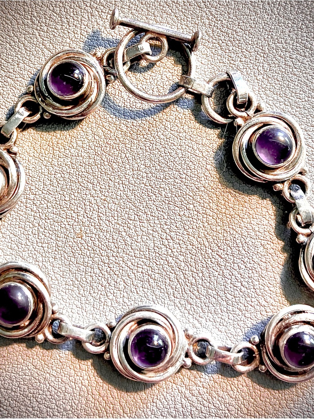 Vintage Sterling Silver Amethyst Cabochon Circle Dainty Bracelet, 7”